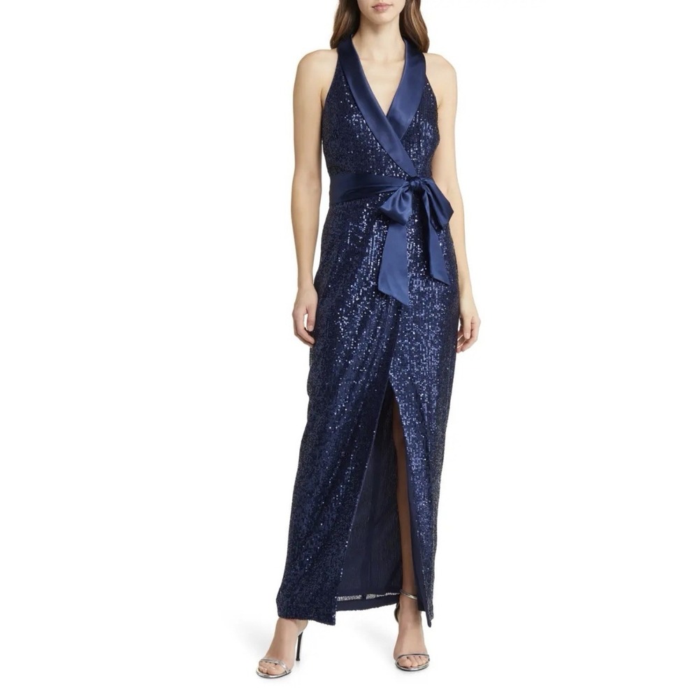 ELIZA J Sequin Wrap Tuxedo Gown Dress Navy Blue SZ 10